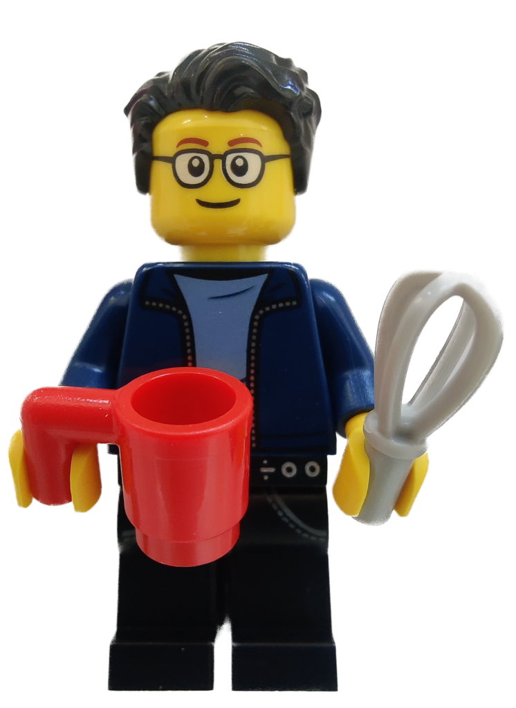 Minifigure of a guy with glasses, holding a coffee mug and whisk.