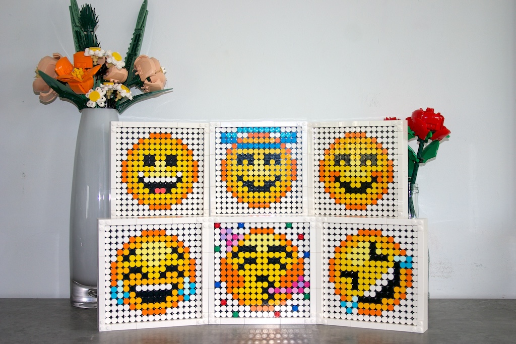The various smiley designs that can be built using the Smiley Brick Art kit.