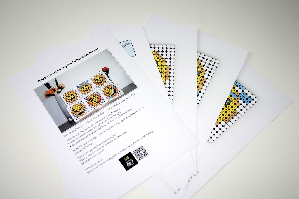 The instruction sheets that come in the Smiley Brick Art Kit.
